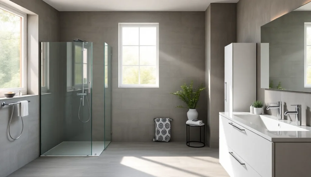 Entdecke sonni sanitär Produkte in einem stilvollen, modernen Badezimmer mit eleganten Armaturen und Duschkabinen.