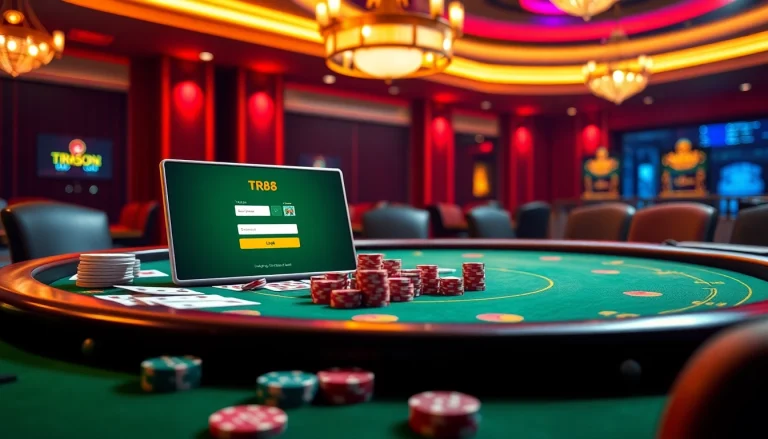 Exciting tr88 đăng nhập interface displayed at a vibrant casino table with cards and chips.