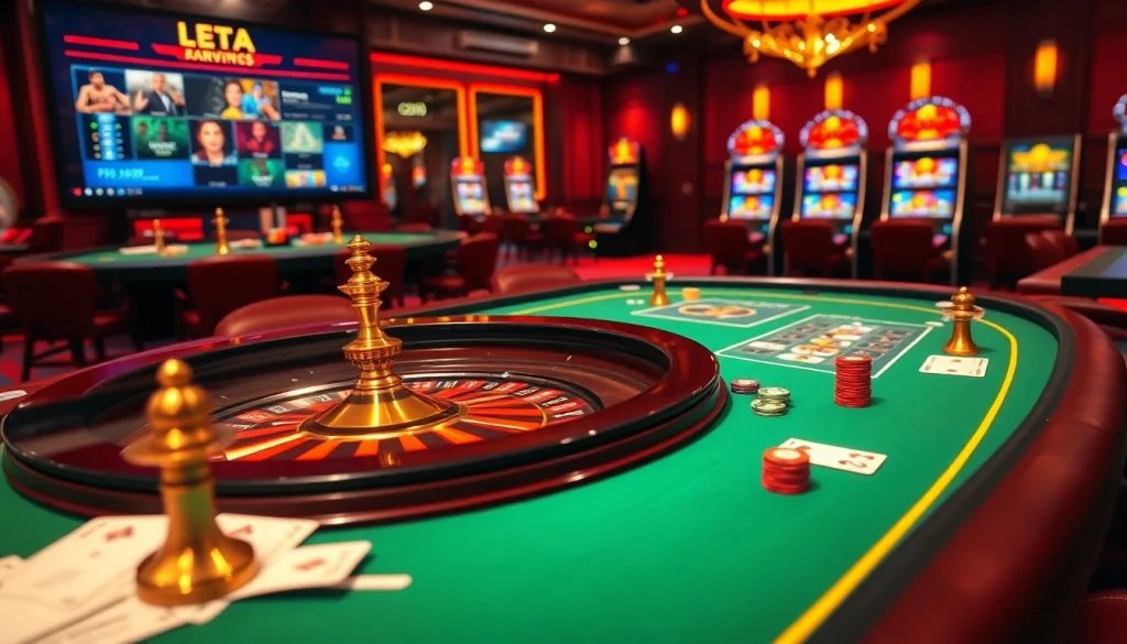 Experience thrills at https://tha-bet.pro/ with an engaging casino scene featuring stylish tables and vibrant slot machines.