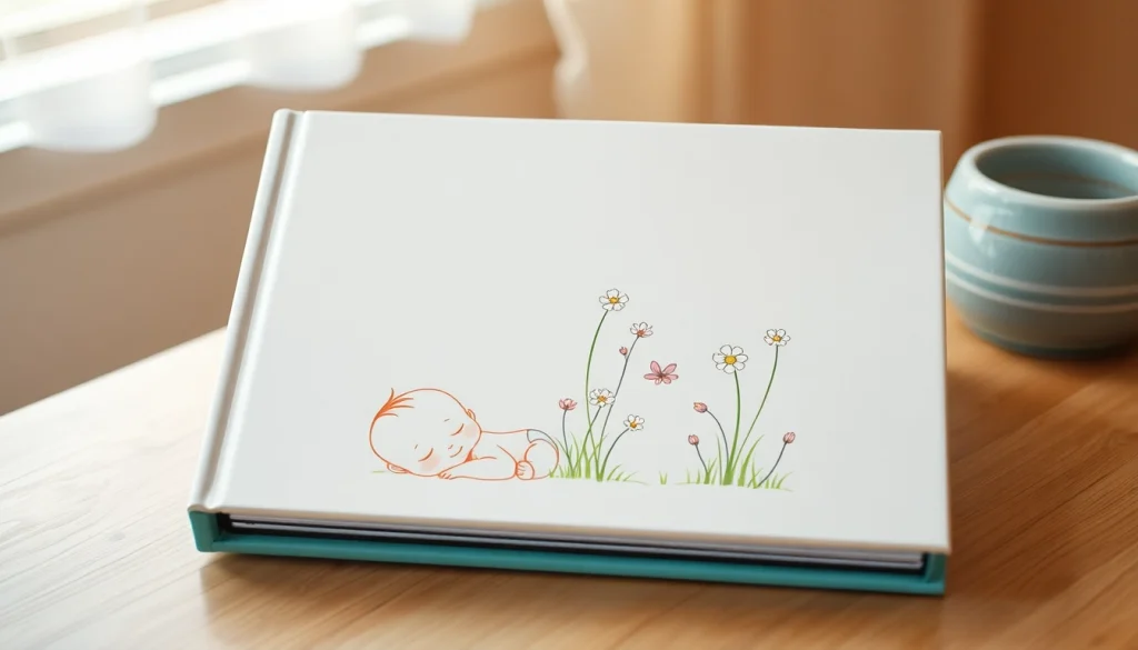 Ein kreativ gestaltetes Babyalbum, das liebevolle Erinnerungen an die Kindheit zeigt und skurrile Illustrationen enthält.