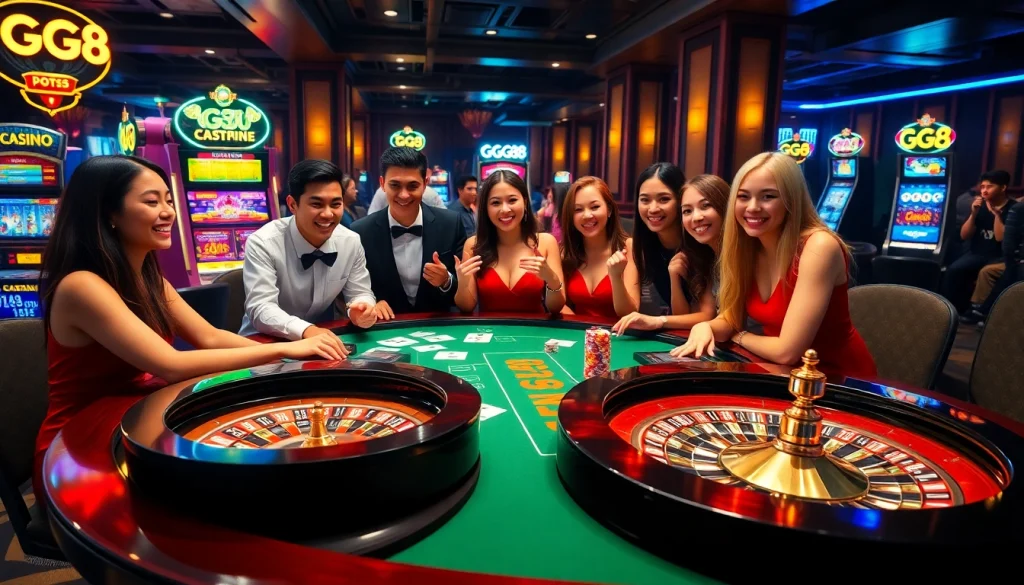 Players enjoy a thrilling game at the GG88 casino, with vibrant poker chips and cards displayed.