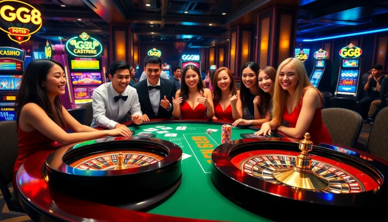 Players enjoy a thrilling game at the GG88 casino, with vibrant poker chips and cards displayed.