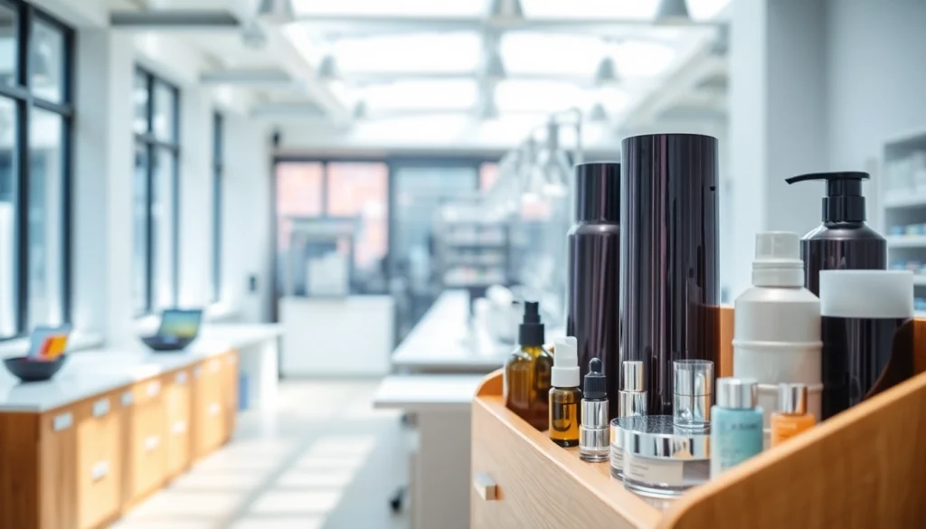 Kosmetikhersteller Deutschland mit eleganten Produkten in einer modernen Produktionsumgebung.