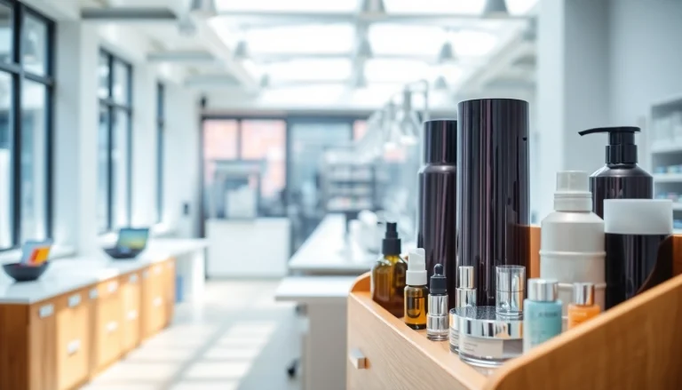 Kosmetikhersteller Deutschland mit eleganten Produkten in einer modernen Produktionsumgebung.