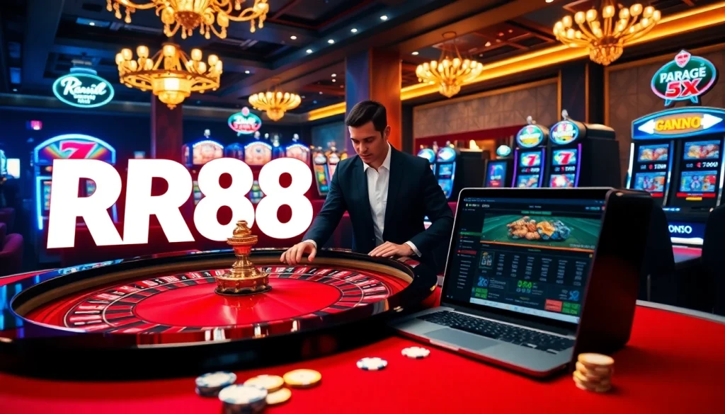 A luxurious casino scene with players at a roulette table, featuring RR88 as the central theme, highlighting excitement and professionalism in gambling.