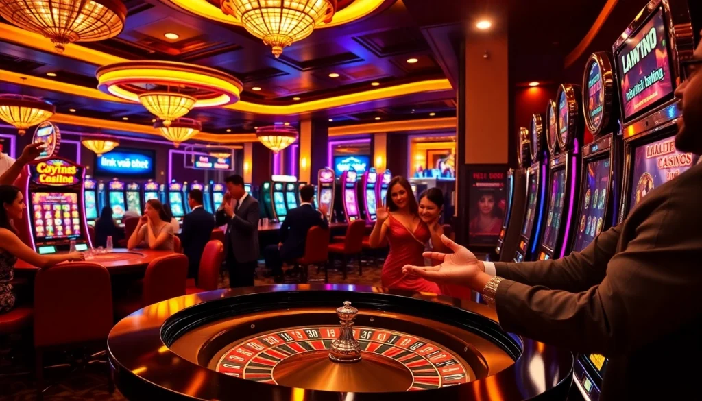 Savor the excitement with link vào shbet, as players celebrate wins at a vibrant casino filled with slot machines and tables.