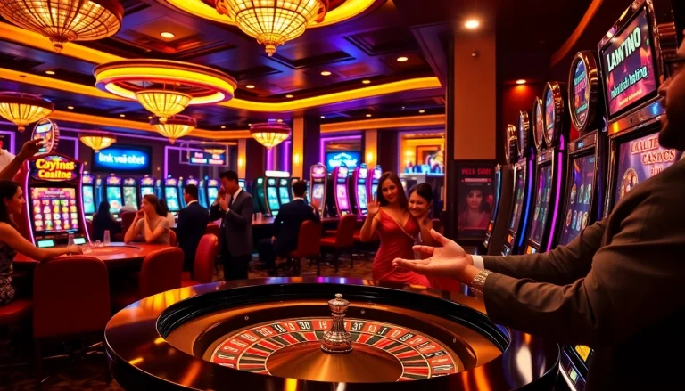 Savor the excitement with link vào shbet, as players celebrate wins at a vibrant casino filled with slot machines and tables.