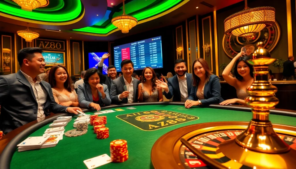 A thrilling gambling scene at AZ88 featuring poker chips, cards, and players celebrating wins.