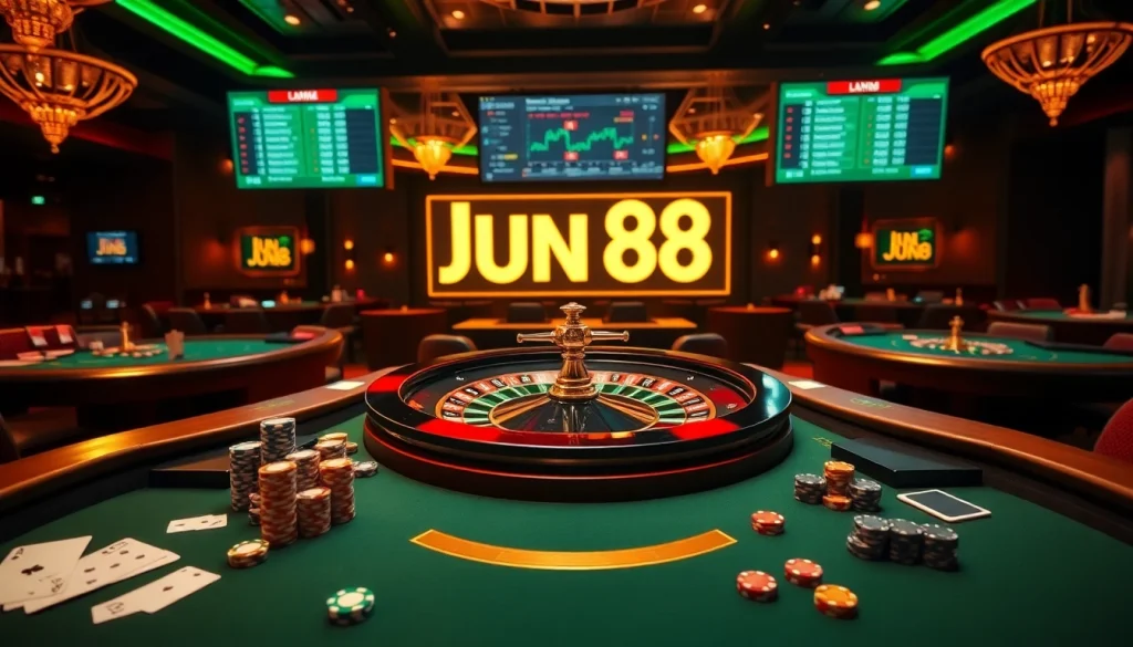 Engaged players at Jun 88 casino tables, enjoying poker and roulette action in a vibrant atmosphere.
