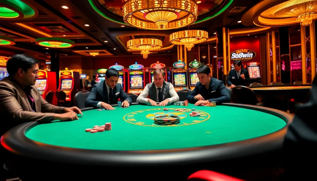 Members engaging at the 98win club's poker table, surrounded by vibrant casino elements.