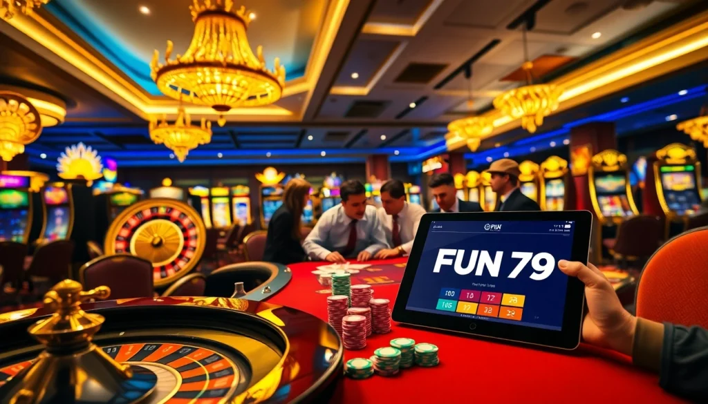 Experience the thrill of FUN 79 at a luxurious casino table with vibrant gaming elements.