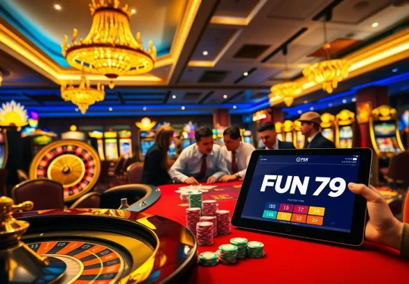 Experience the thrill of FUN 79 at a luxurious casino table with vibrant gaming elements.