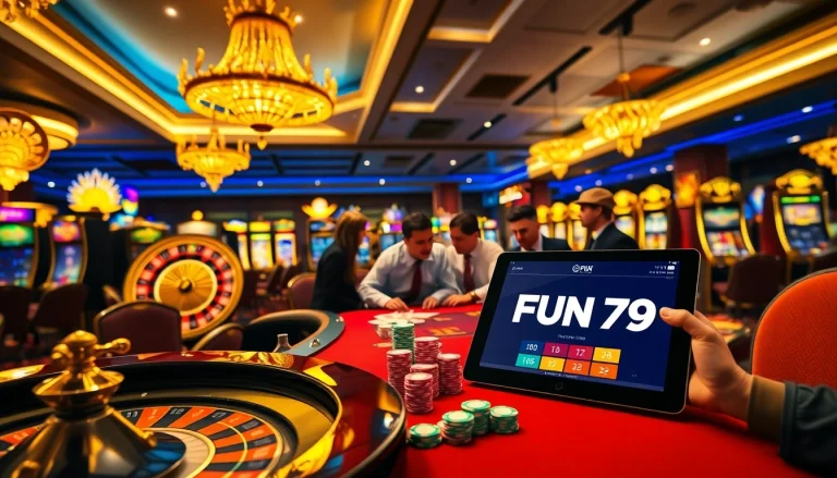 Experience the thrill of FUN 79 at a luxurious casino table with vibrant gaming elements.
