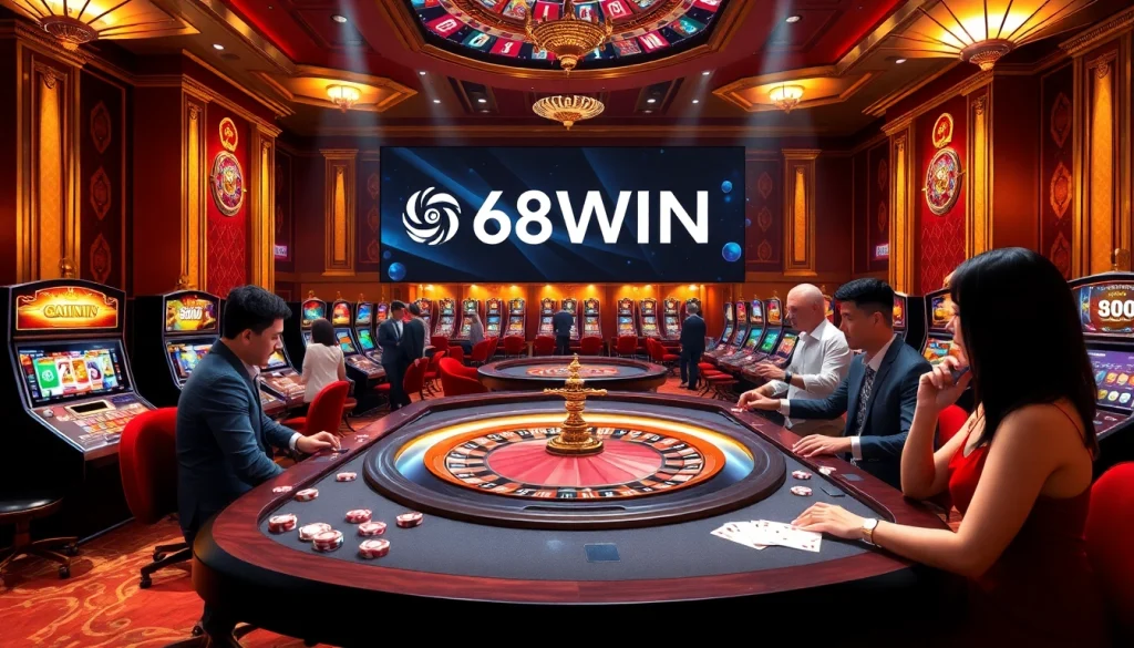 Players enjoying casino games at 68WIN with dazzling roulette and luxurious surroundings.