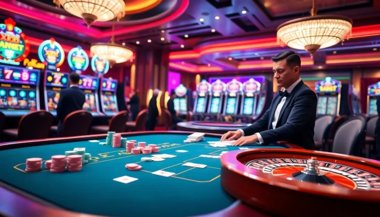 X88 casino experience with vibrant gambling tables, glowing slot machines, and excited players.