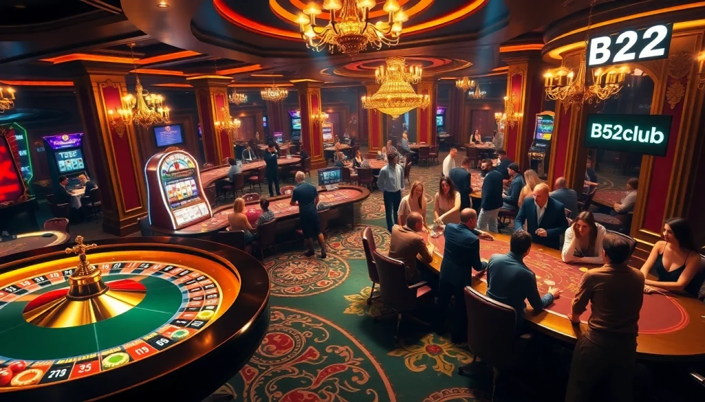 Players enjoying thrilling games at B52club casino tables, showcasing excitement and strategy.