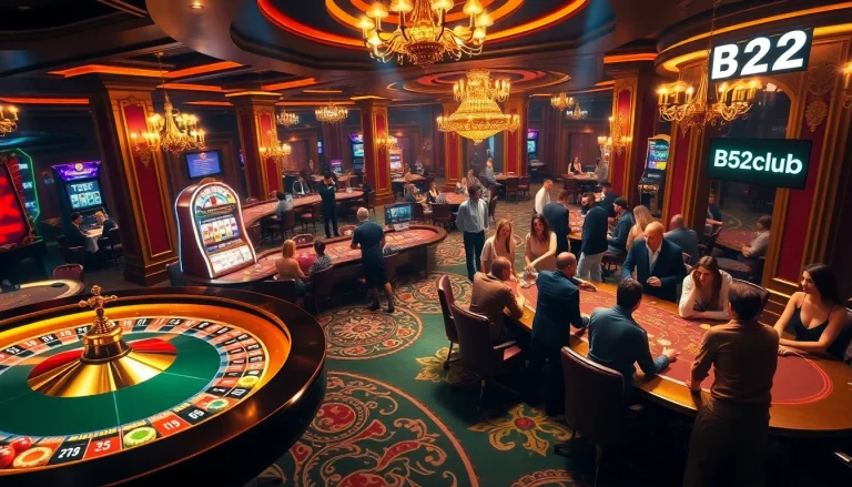 Players enjoying thrilling games at B52club casino tables, showcasing excitement and strategy.