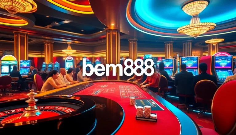 Experience the excitement of bem88 online casino games with players at vibrant tables and dazzling slot machines.