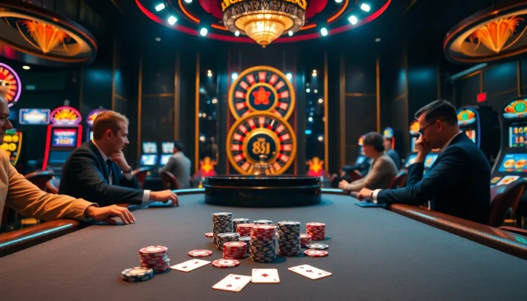 Thrilling game action at an 88i poker table in a luxurious casino setting.