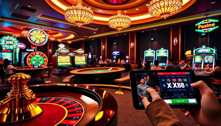 Experience the thrill of gambling at an upscale casino featuring XX88-themed tables and vibrant slot machines.