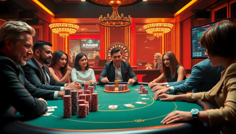 Experience the excitement of king88 at a luxurious poker table filled with vibrant chips and cards.