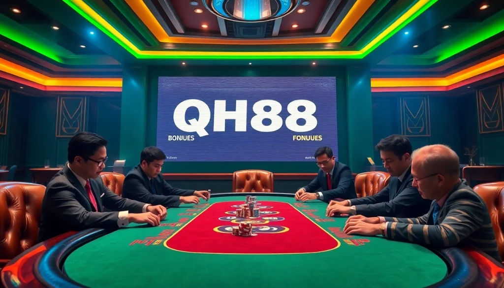 Thrilling poker game scene showcasing professional gamblers at QH88 casino table with vibrant colors.