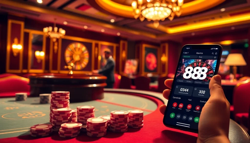 Experience the excitement of 88i nhà cái with a captivating casino scene showcasing tables and smartphone app.