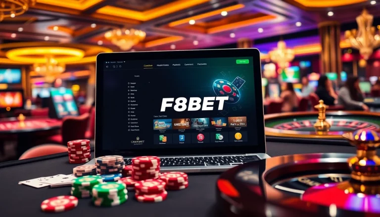 Experience the excitement of F8BET online gaming with a vibrant casino scene featuring poker chips and a roulette wheel.