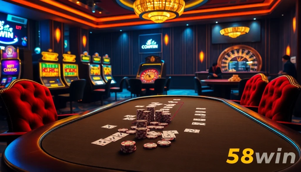 The thrill of poker at 58win's luxurious casino table with chips and high-stakes action.