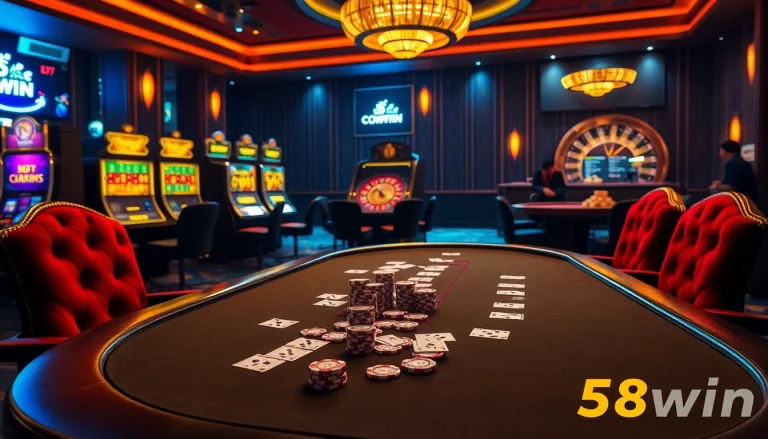The thrill of poker at 58win's luxurious casino table with chips and high-stakes action.
