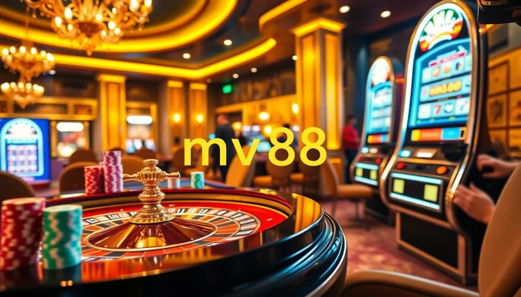 Experience thrilling gameplay at mv88 casino with a luxury gambling environment showcasing roulette and slot machines.