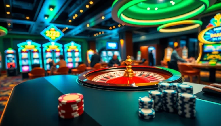A vibrant casino scene showcasing players engaging with roulette and slot machines at 222BD, exuding excitement and luxury.