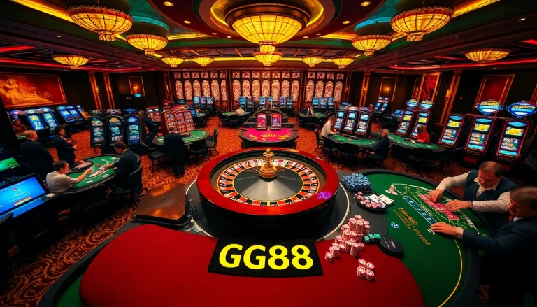 Experience the thrill of GG88 at a luxurious casino with vibrant slot machines and intense poker action.
