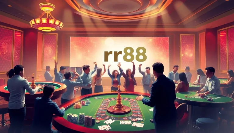 Players enjoying a vibrant casino scene with rr88 link displayed prominently in the background, featuring roulette and poker.