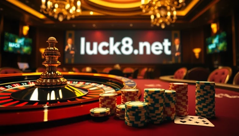 Trải nghiệm sự phấn khích của cược trực tiếp tại https://luck8.net với không gian casino sang trọng, có chip poker và bánh xe roulette.