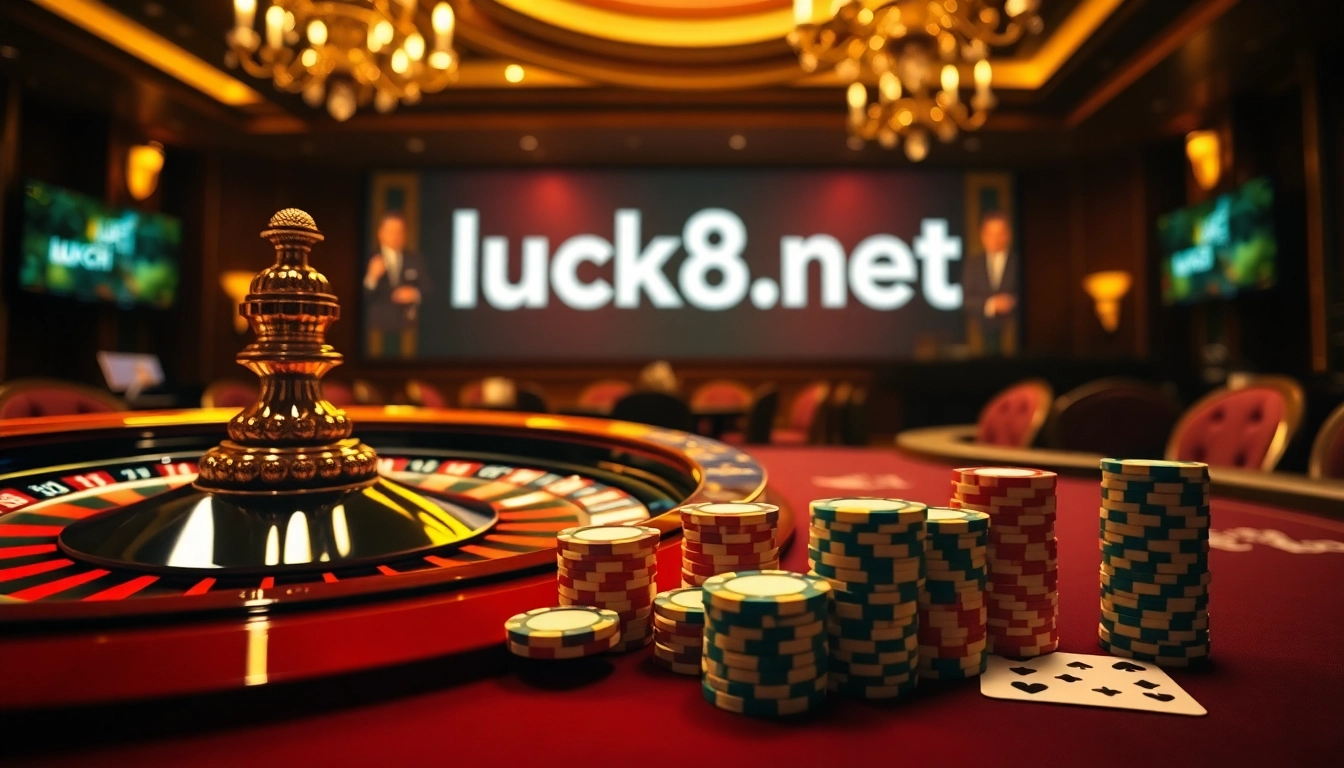 Trải nghiệm sự phấn khích của cược trực tiếp tại https://luck8.net với không gian casino sang trọng, có chip poker và bánh xe roulette.