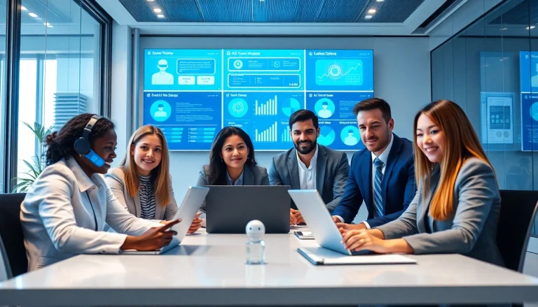 在现代办公室环境中使用美洽 AI 客服平台的多元化专业团队。