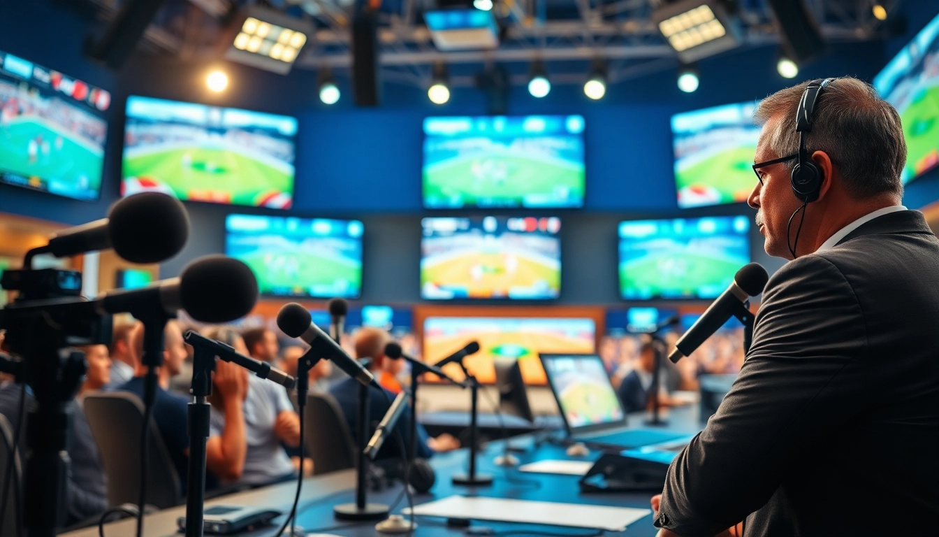 Professional sports broadcasting commentary in a vibrant studio environment.