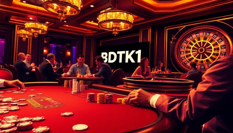 Exciting poker game at a casino table featuring BDTK1 tournament banner and colorful chips.