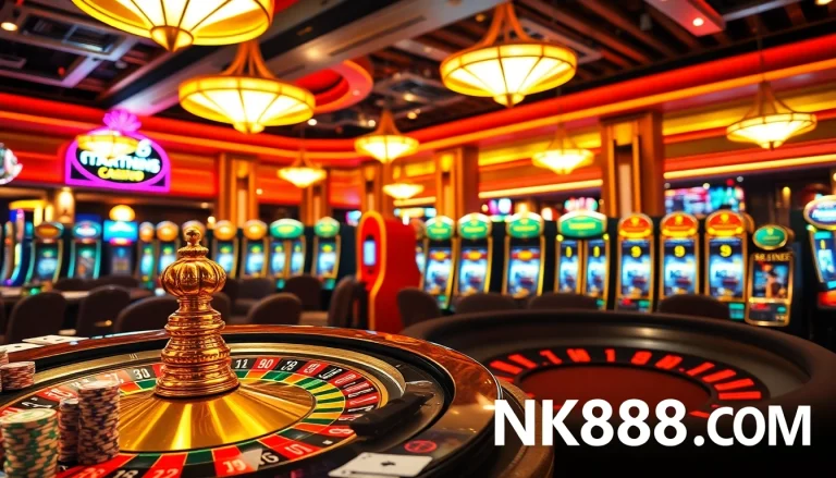 Experience the excitement at NK88.COM with a vibrant casino scene showcasing roulette, poker, and slot machines.