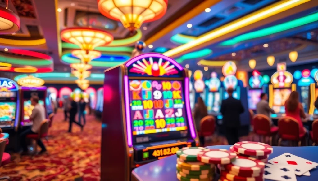 เล่นสล็อตออนไลน์ พร้อมสัญลักษณ์สีสันและแสงไฟในคาสิโนที่มีบรรยากาศคึกคัก