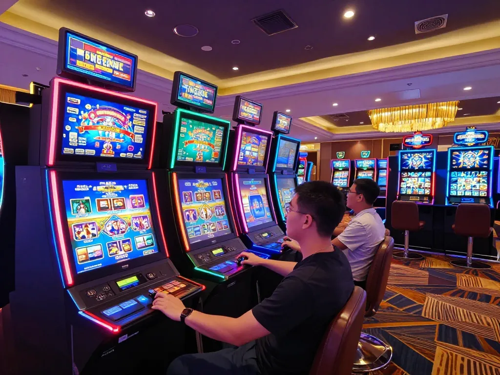 Players enjoying diverse slot machines at 56WIN casino, immersed in a vibrant gaming atmosphere.