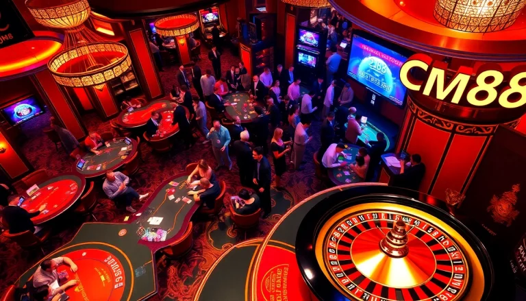 Players excitedly engage in a vibrant casino atmosphere featuring CM88 and lively games.
