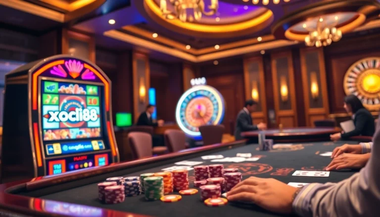 Xocdia88 gaming scene featuring poker chips and slot machines in a luxurious casino.