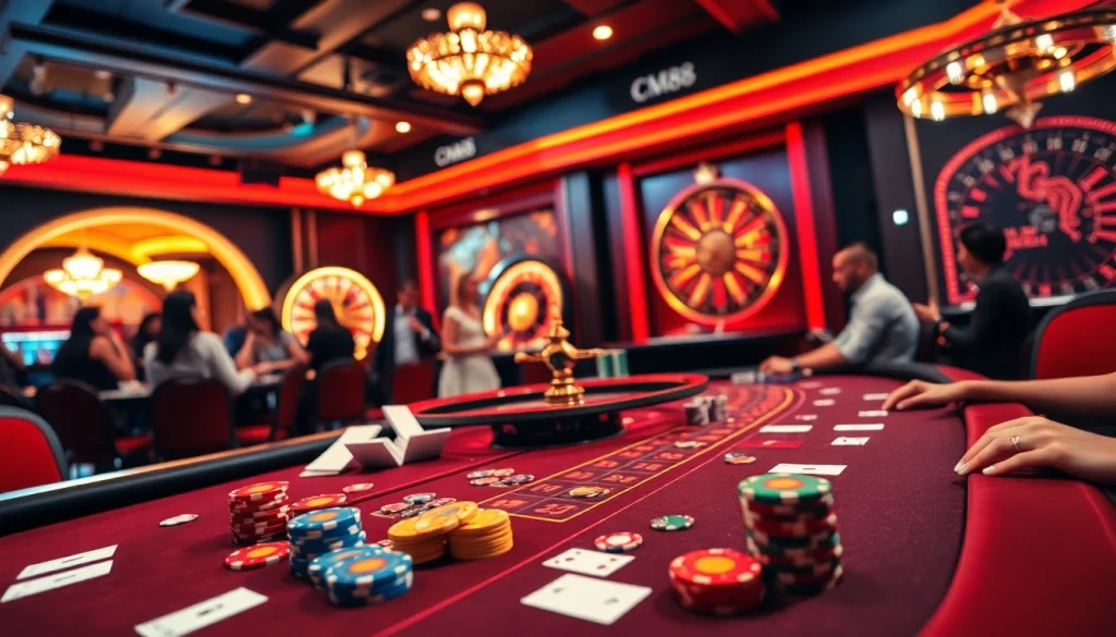 Betting at a poker table with vibrant CM88-themed chips and roulette ambiance.