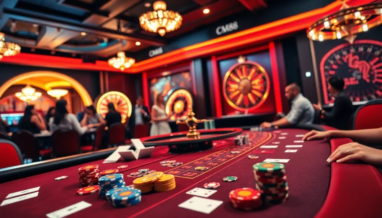 Betting at a poker table with vibrant CM88-themed chips and roulette ambiance.