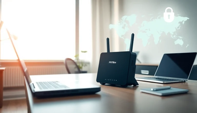 NordVPN FritzBox setup in a modern home office with laptop and security elements.