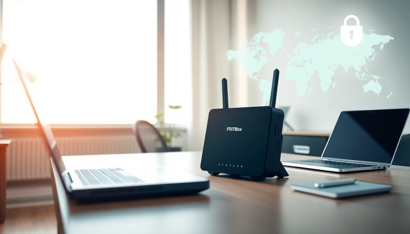 NordVPN FritzBox setup in a modern home office with laptop and security elements.