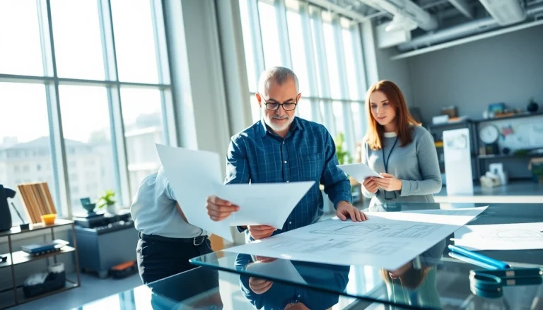 Headhunter Ingenieure berät Kunden in einem modernen Büro mit Plänen und Diagrammen.