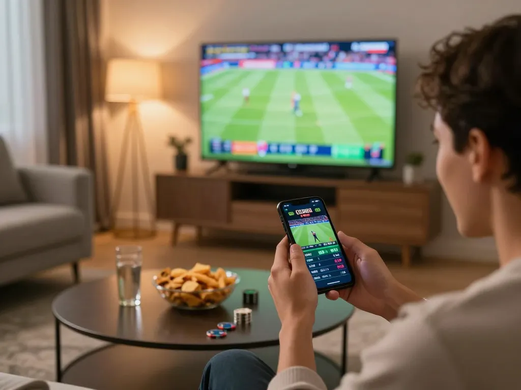 Exciting moment of placing tỷ lệ kèo nhà cái hôm nay bets during a live sports game viewing.